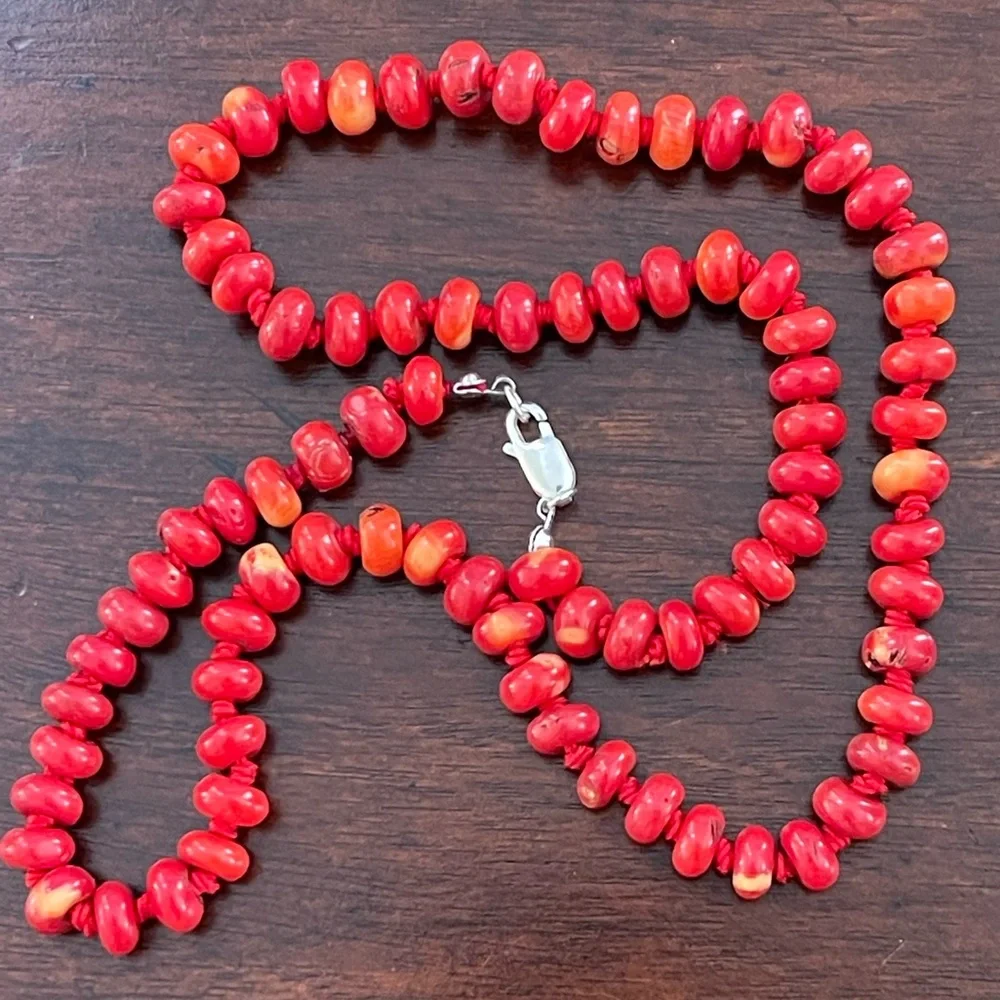 Red coral bead solid sterling silver long necklace - Picture 2 of 9